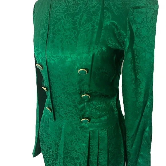 Vintage 90s Papéll Silk Green Floral Long Sleeve Pleated Sz 4 Button Midi Dress - Picture 2 of 7